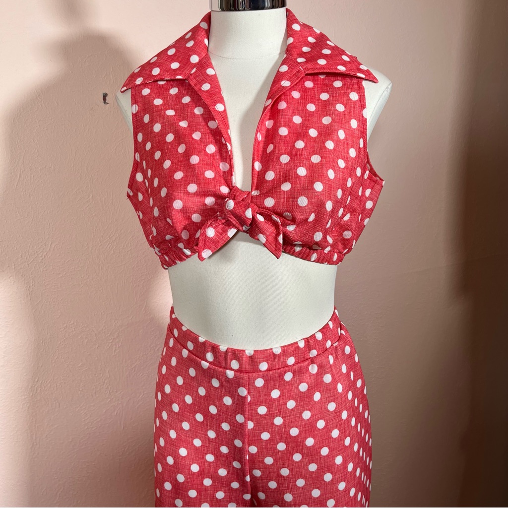 Vintage 1970 Mod Retro Deco Pink Polka Dotted Crop Top High Waisted Pant Suit M